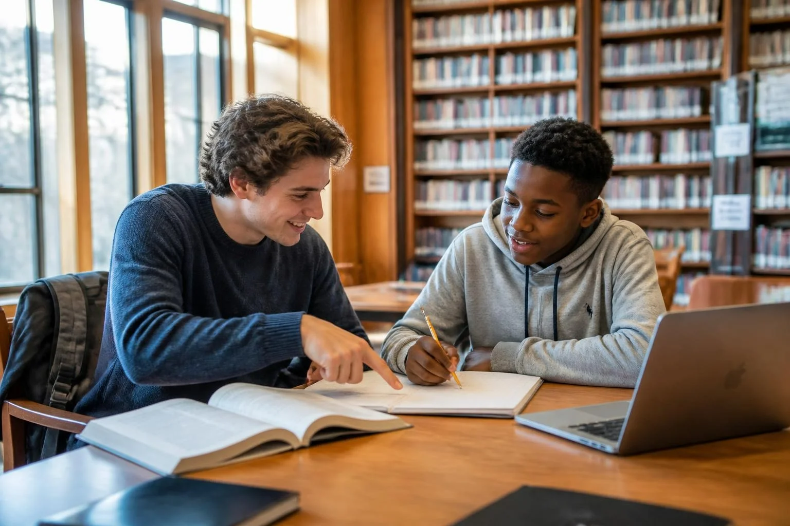 College student mentoring a high school student at the library through the My College Maps organization