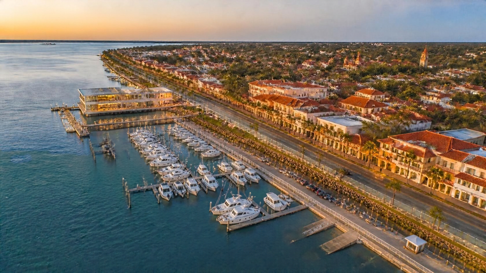 AI illustration of downtown St. Augustine, the marina and view of the location of The Wharf restaurant
