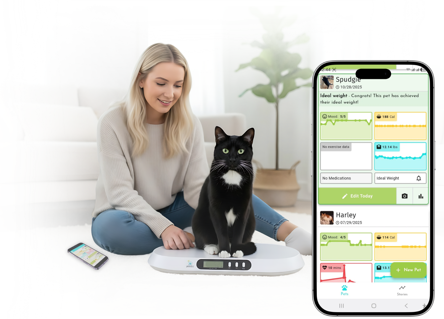 Woman with cat on scale and app interface