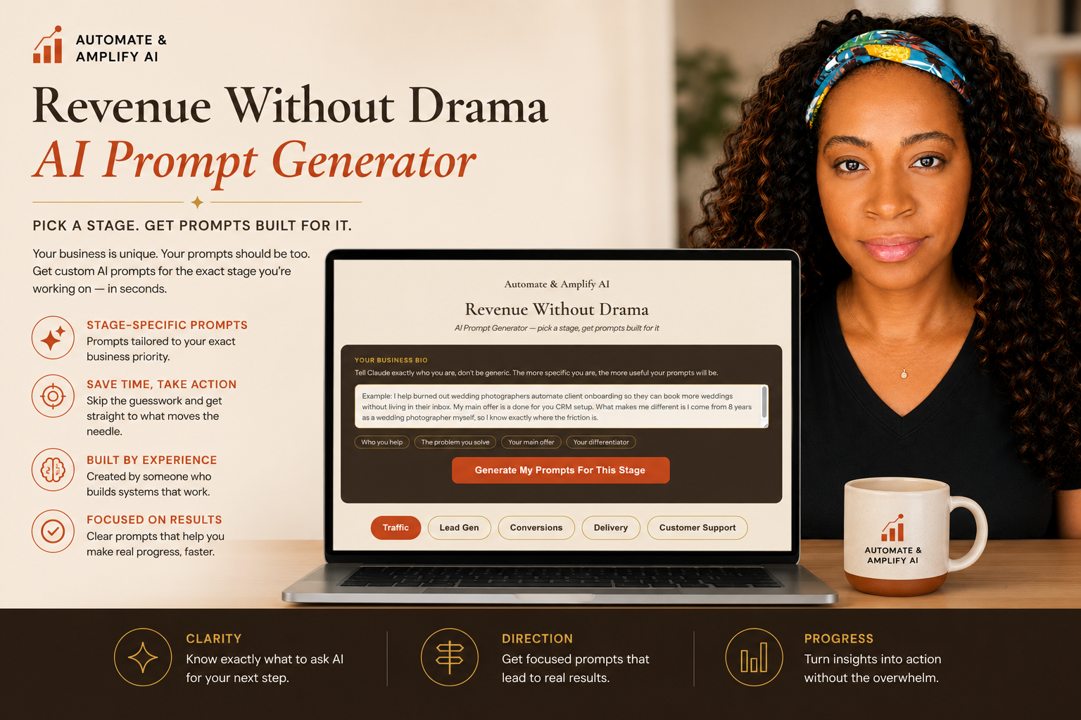 The Revenue Without Drama AI Prompt Generator shown on tablet and phone