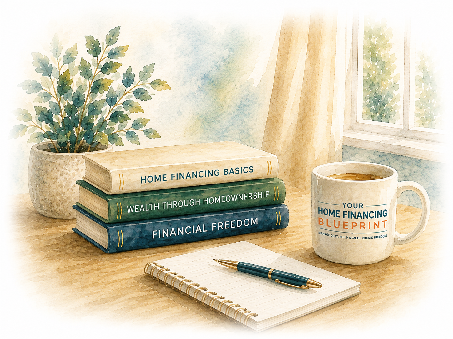 Watercolor illustration of home financing books, a notebook, a pen, and a Your Home Financing Blueprint coffee mug