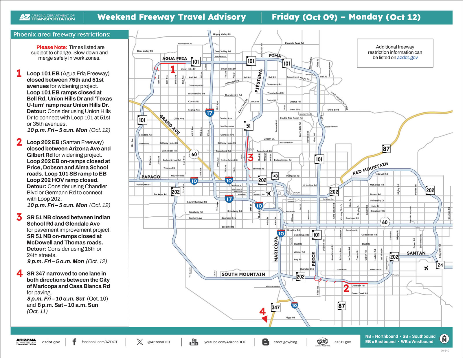 ADOT Weekend Freeway Travel Advisory map, Friday October 9 to Monday October 12