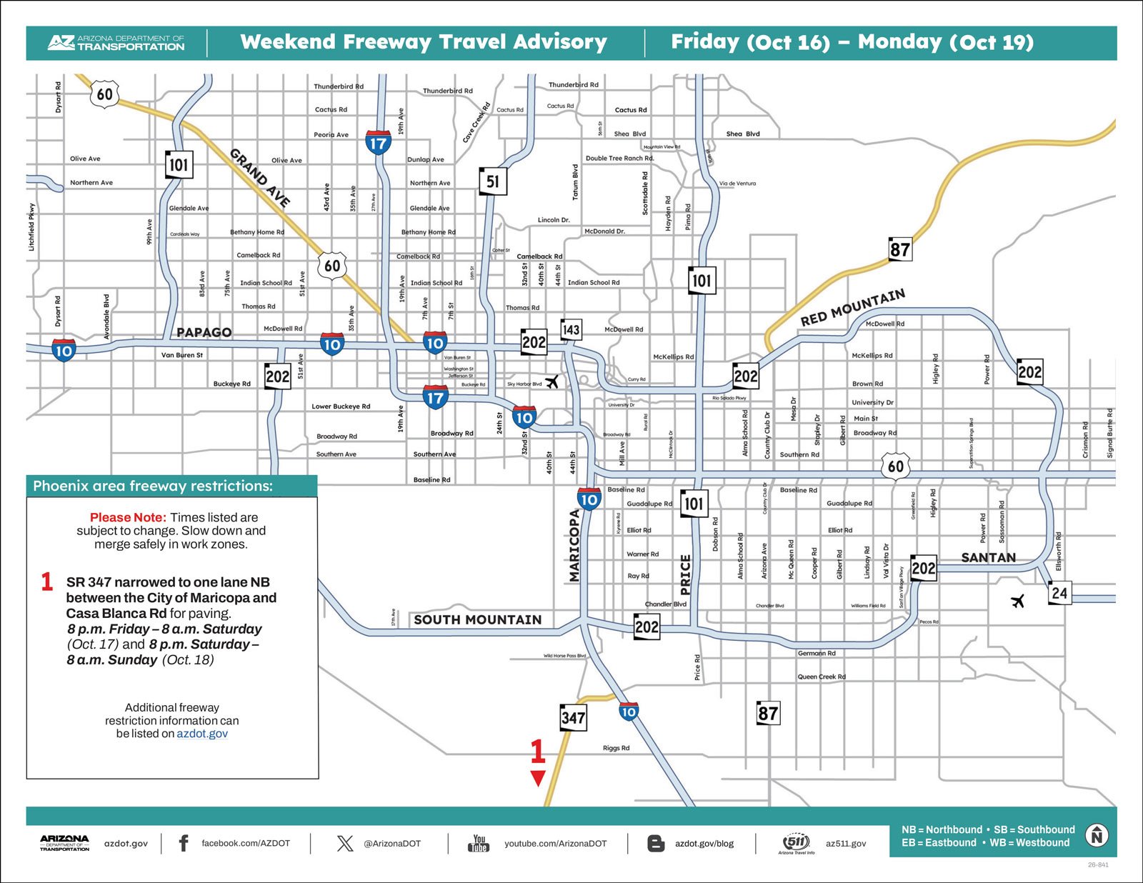 ADOT Weekend Freeway Travel Advisory map, Friday October 16 to Monday October 19