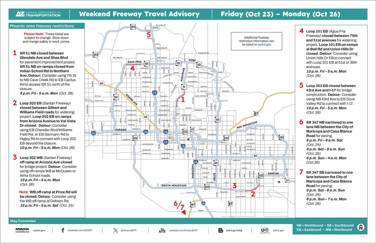 ADOT Weekend Freeway Travel Advisory map, Friday October 23 to Monday October 26