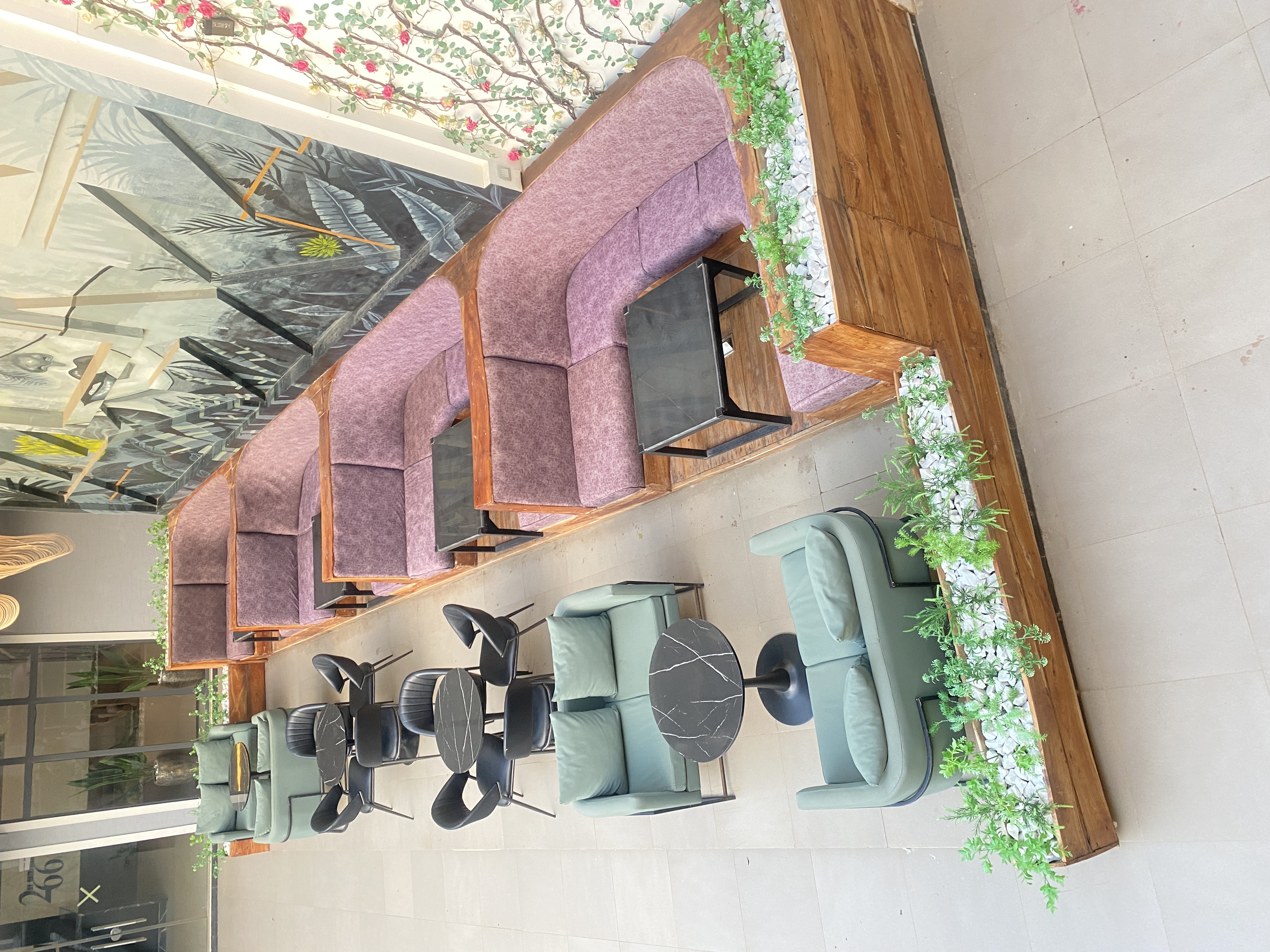 Lounge with deep seating and ambient lighting