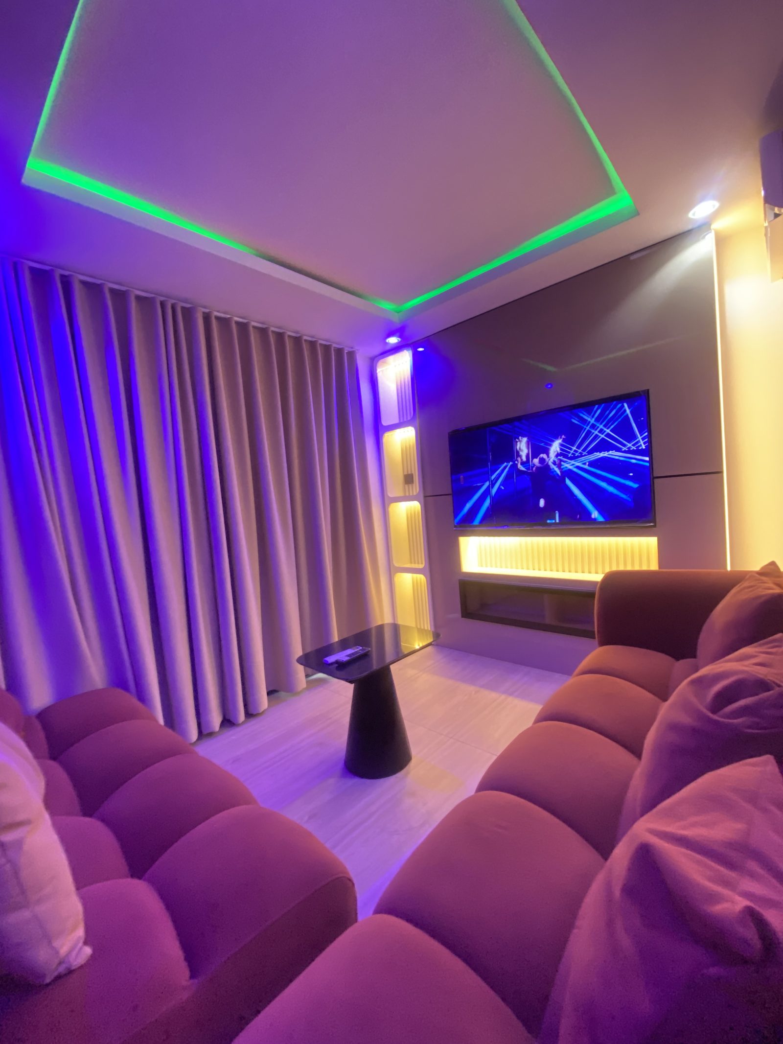 Private cinema with tiered velvet seating