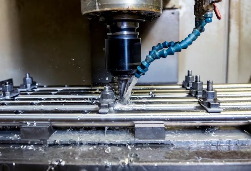 A CNC milling machine drills holes into a pipe.