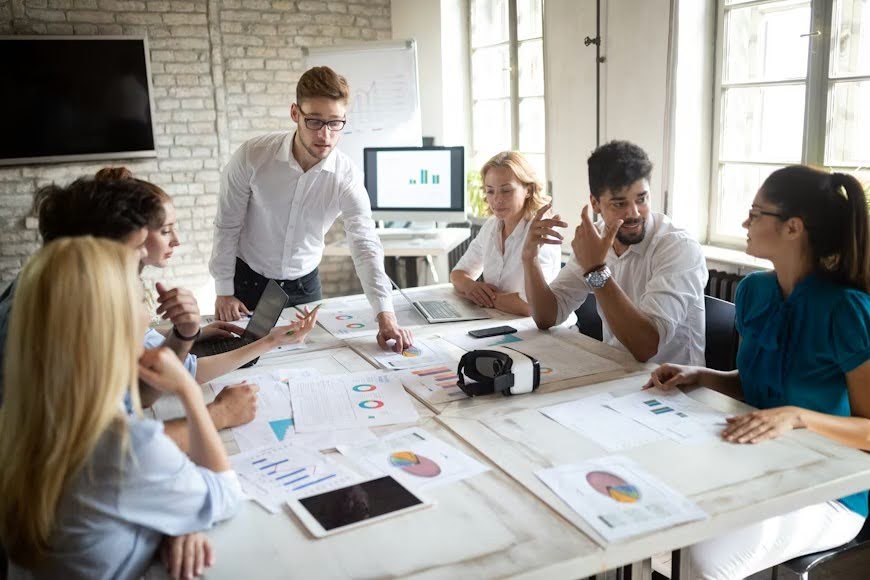 A team brainstorming ideas during a meeting.