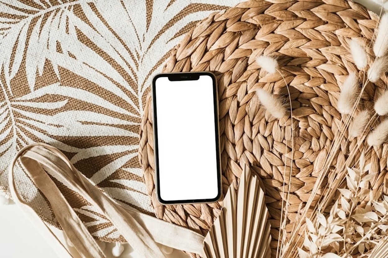A mockup of a cell phone sitting on top of a table next to a rattan-crafted fan