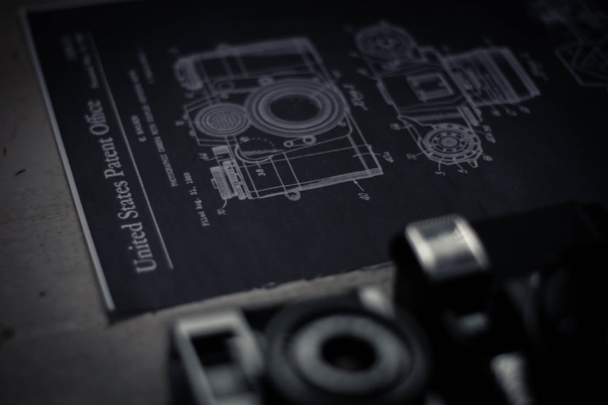 Black and white image of a schematic diagram of a modern camera