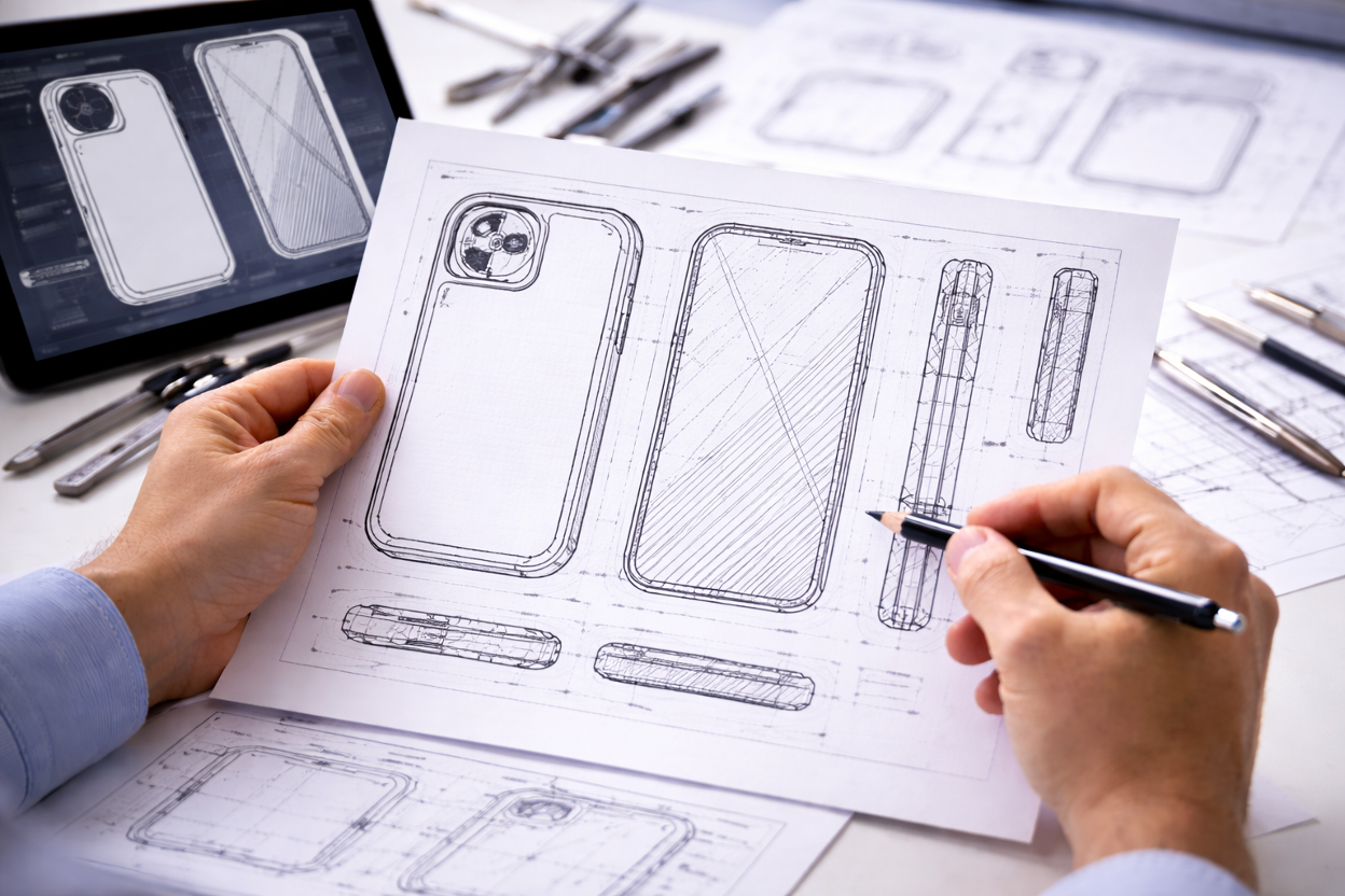 An inventor working on a smartphone case design patent drawing