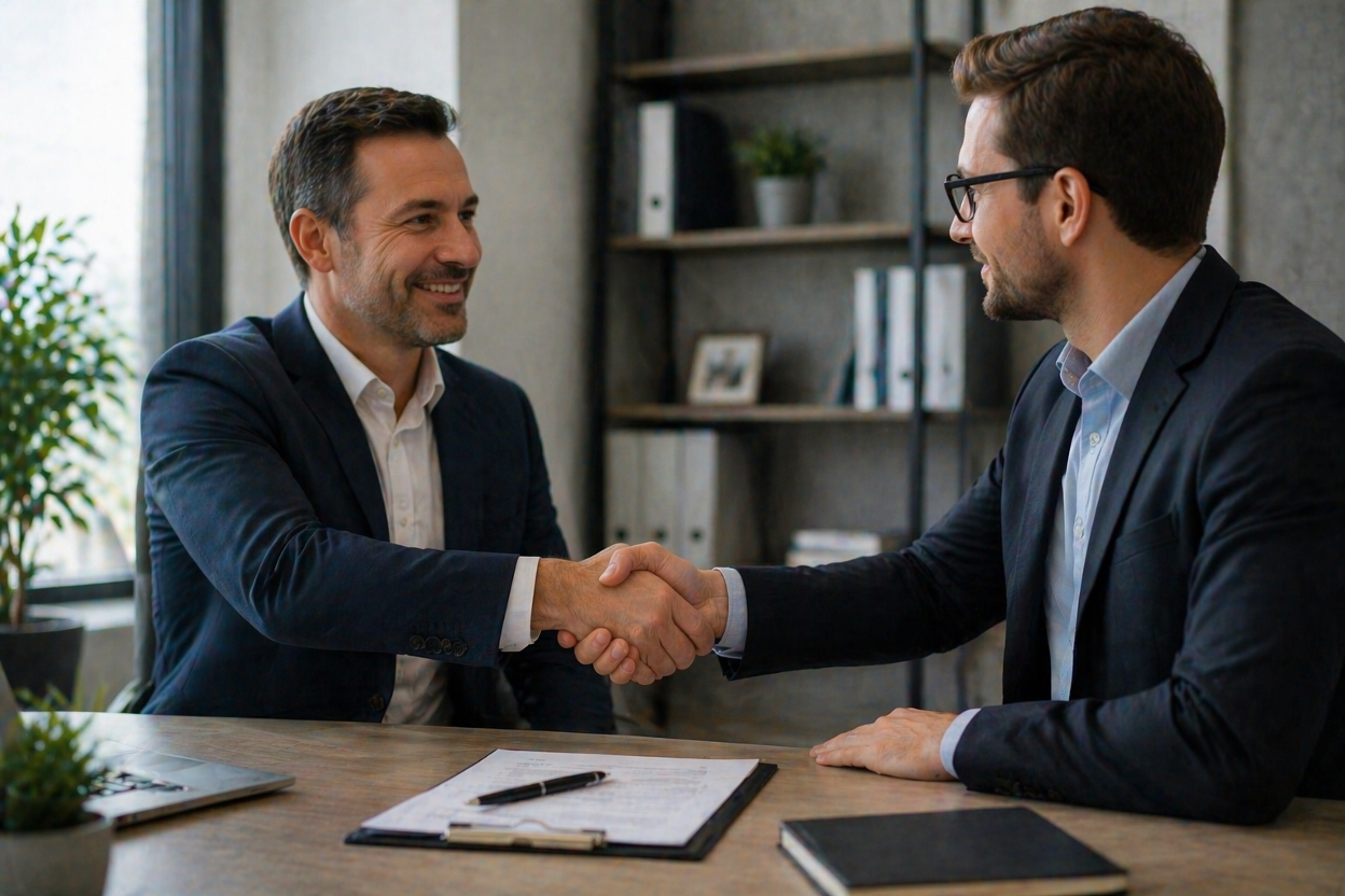 Two business partners shaking hands after agreeing to license a product without a patent