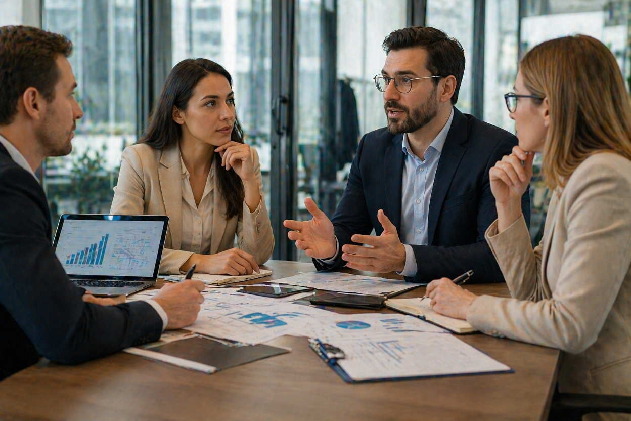 A group of business partners evaluating licensing opportunities