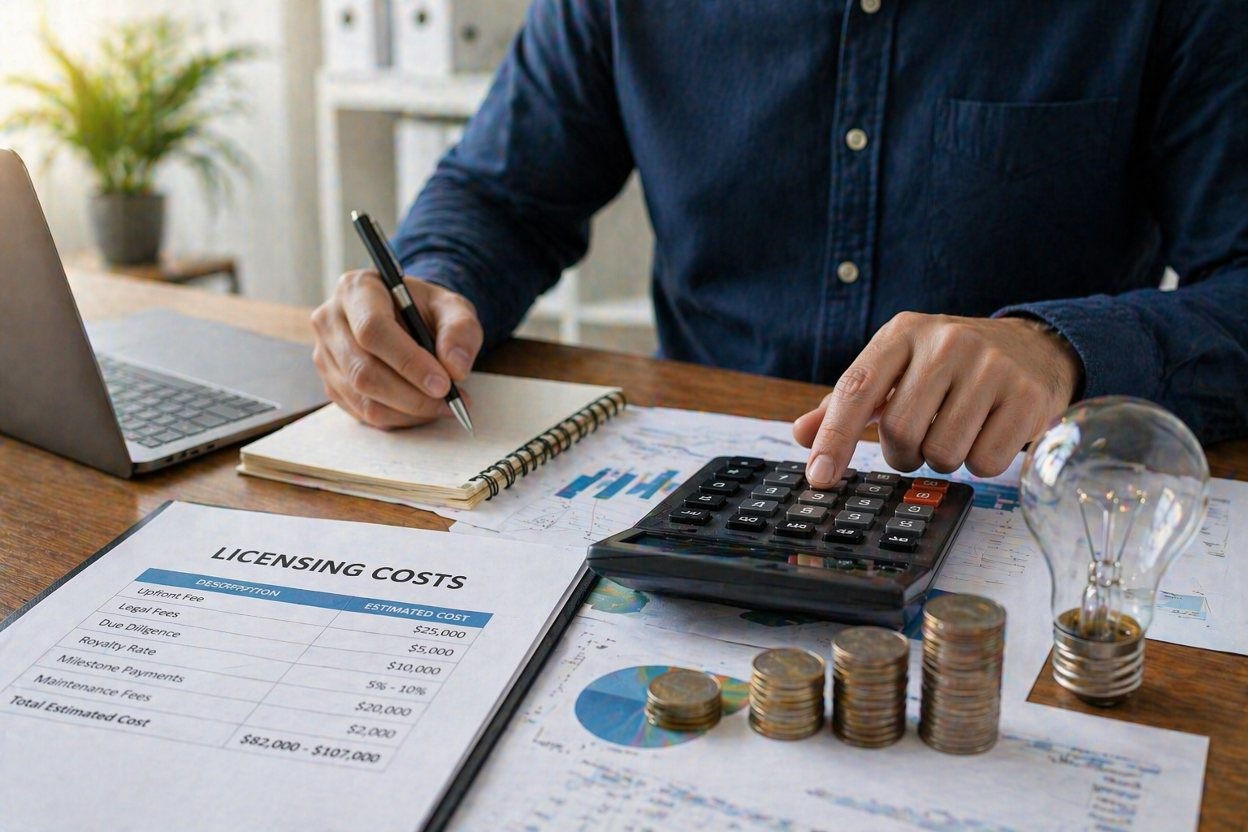An inventor calculating the costs of licensing a product idea.