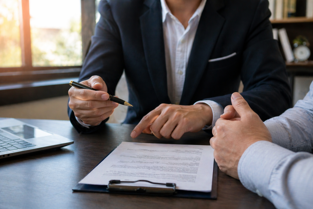 Two businessmen discussing an exclusive licensing agreement, showing how exclusive licensing transfers full control to a single partner