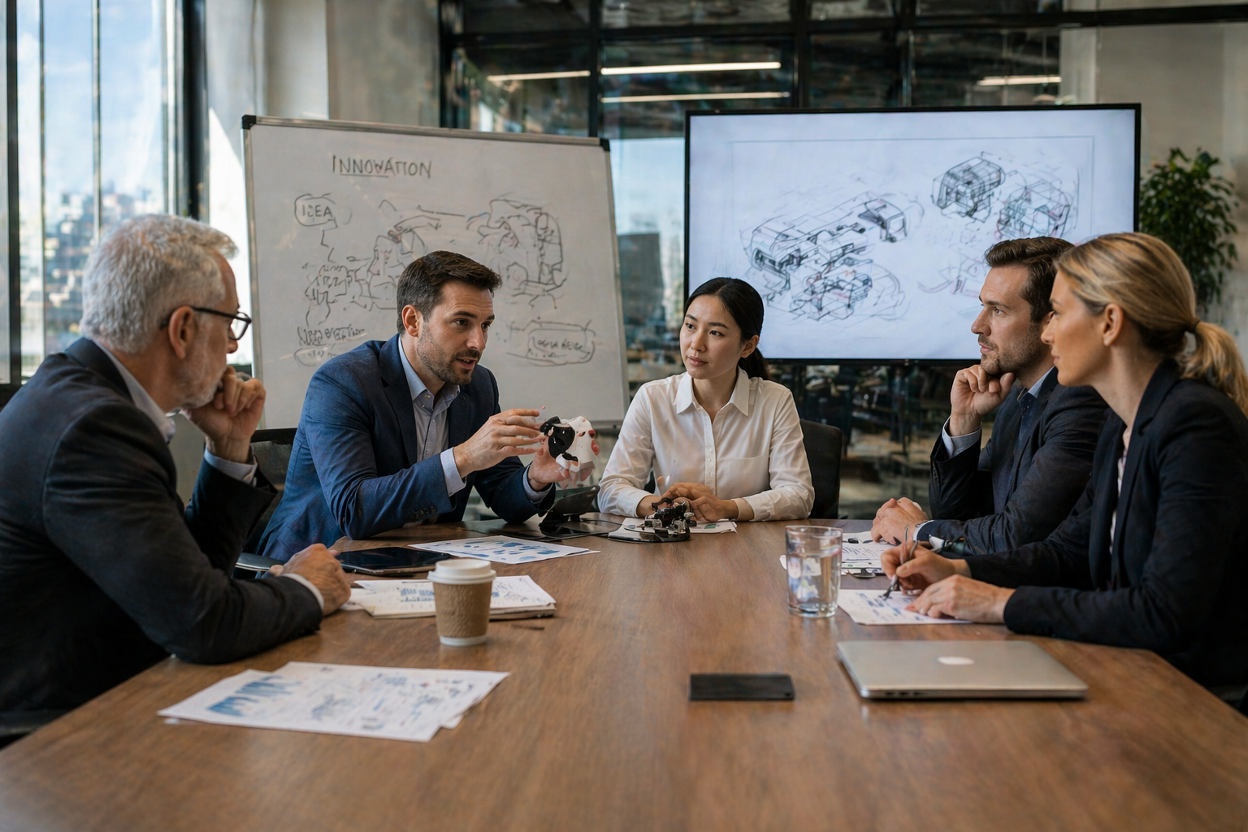 A group of business executives discussing non-exclusive licensing agreements in an office
