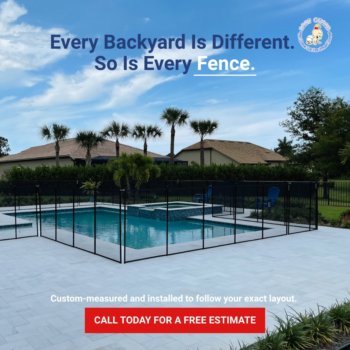 Custom pool fence installation designed to fit a unique backyard pool layout in Martin St. Lucie Indian River and Brevard County Florida
