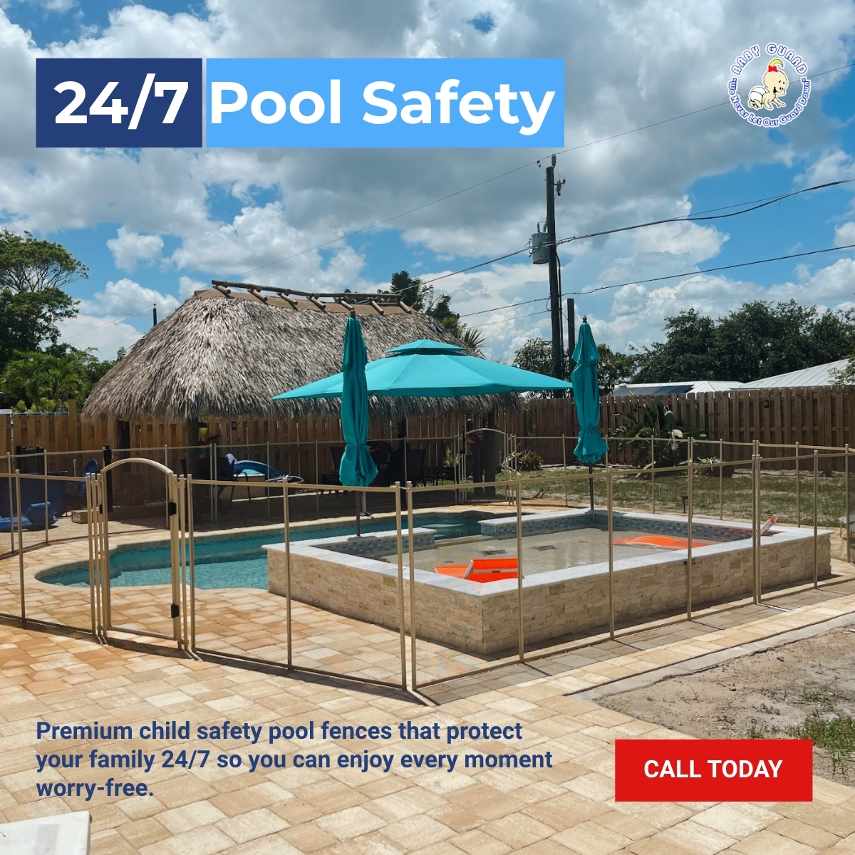 Pool fence installation near you with removable mesh pool barrier protecting a residential swimming pool in Florida