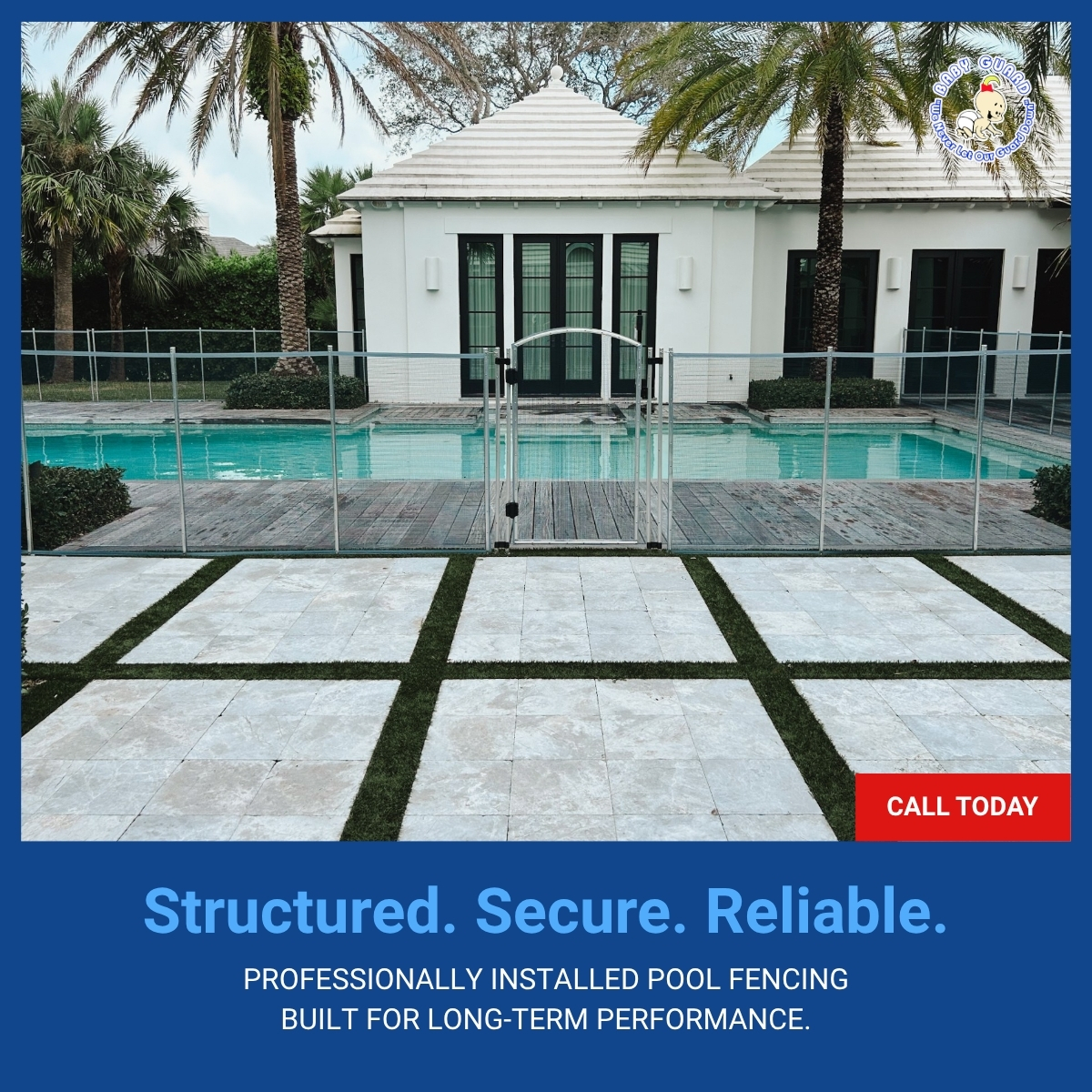 Professional removable mesh pool fence installation around a residential swimming pool in Florida by Baby Guard Pool Fence