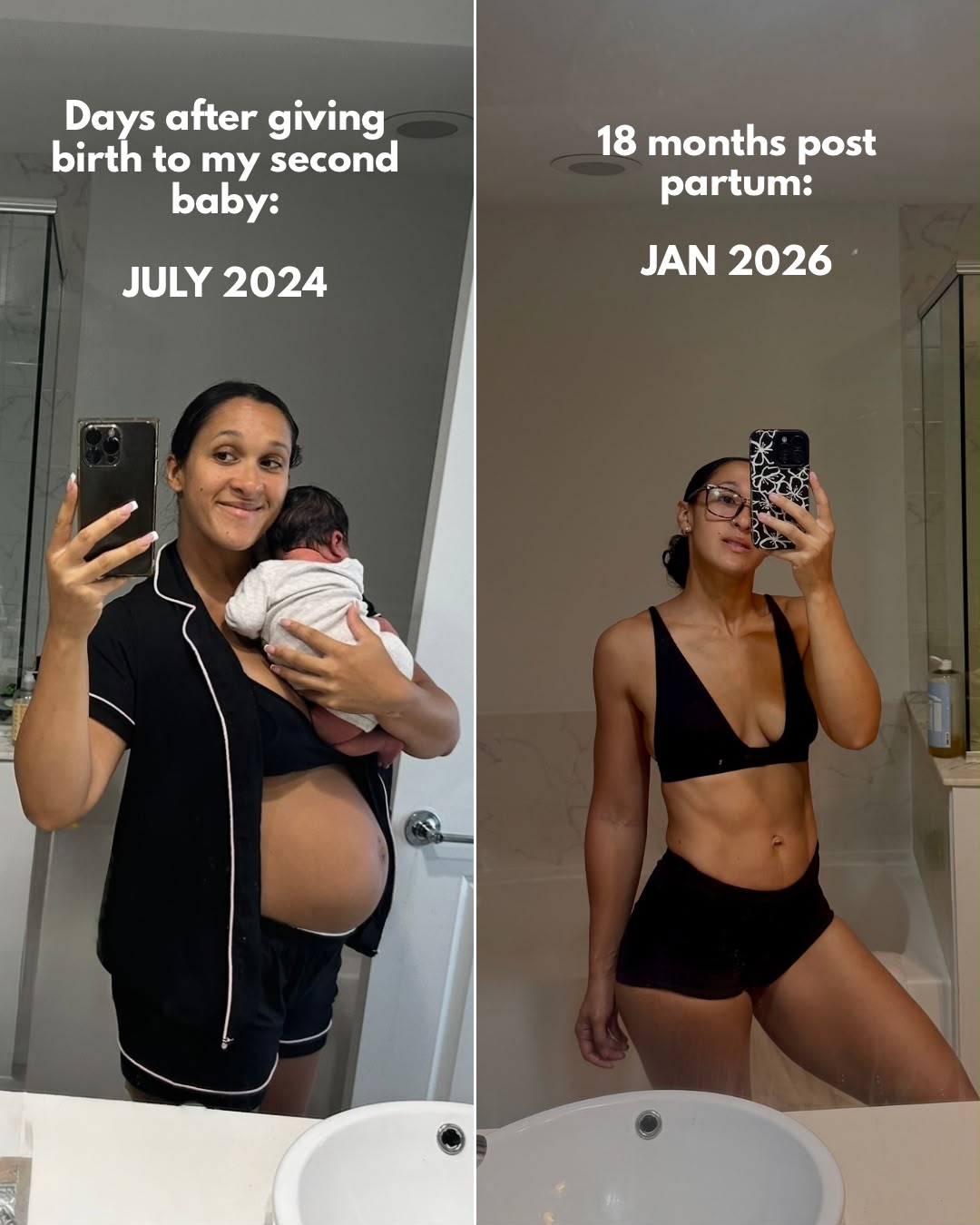 Alyson — days after giving birth to her second baby vs 18 months post partum