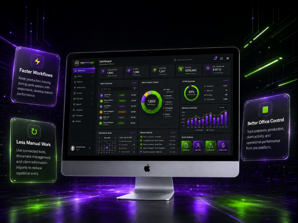TaxPro HQ desktop software displayed on a computer and mobile devices