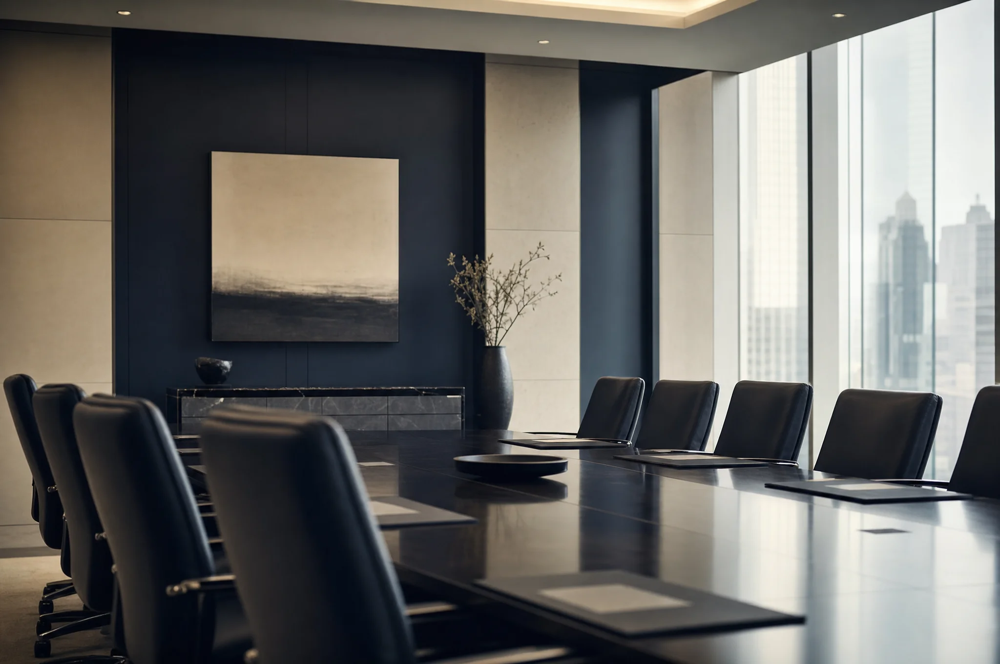 Sala de juntas corporativa vacía con sillas de piel alrededor de una mesa larga y luz natural difusa