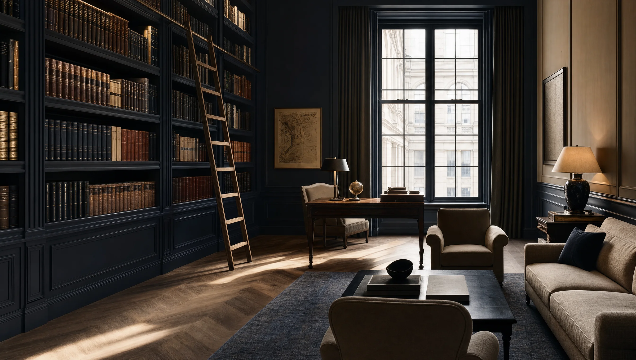 Biblioteca ejecutiva con estantes de libros encuadernados en piel y una escalera de madera rodante, luz cálida