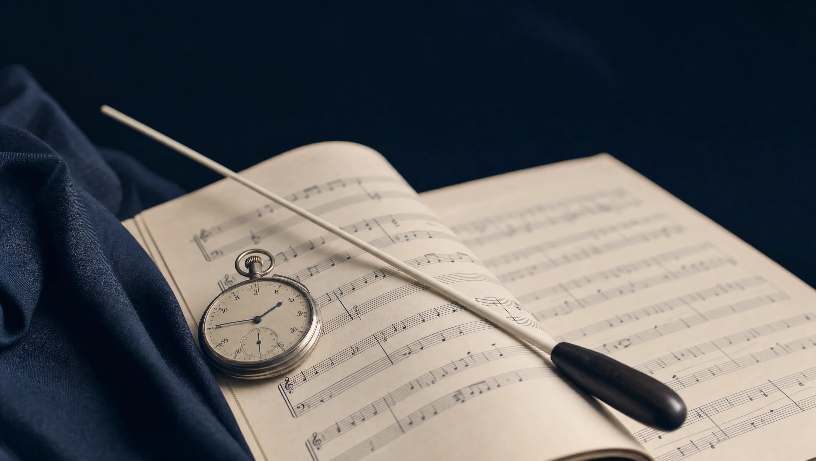 Batuta de director de orquesta y cronómetro de bolsillo sobre una partitura abierta, fondo navy