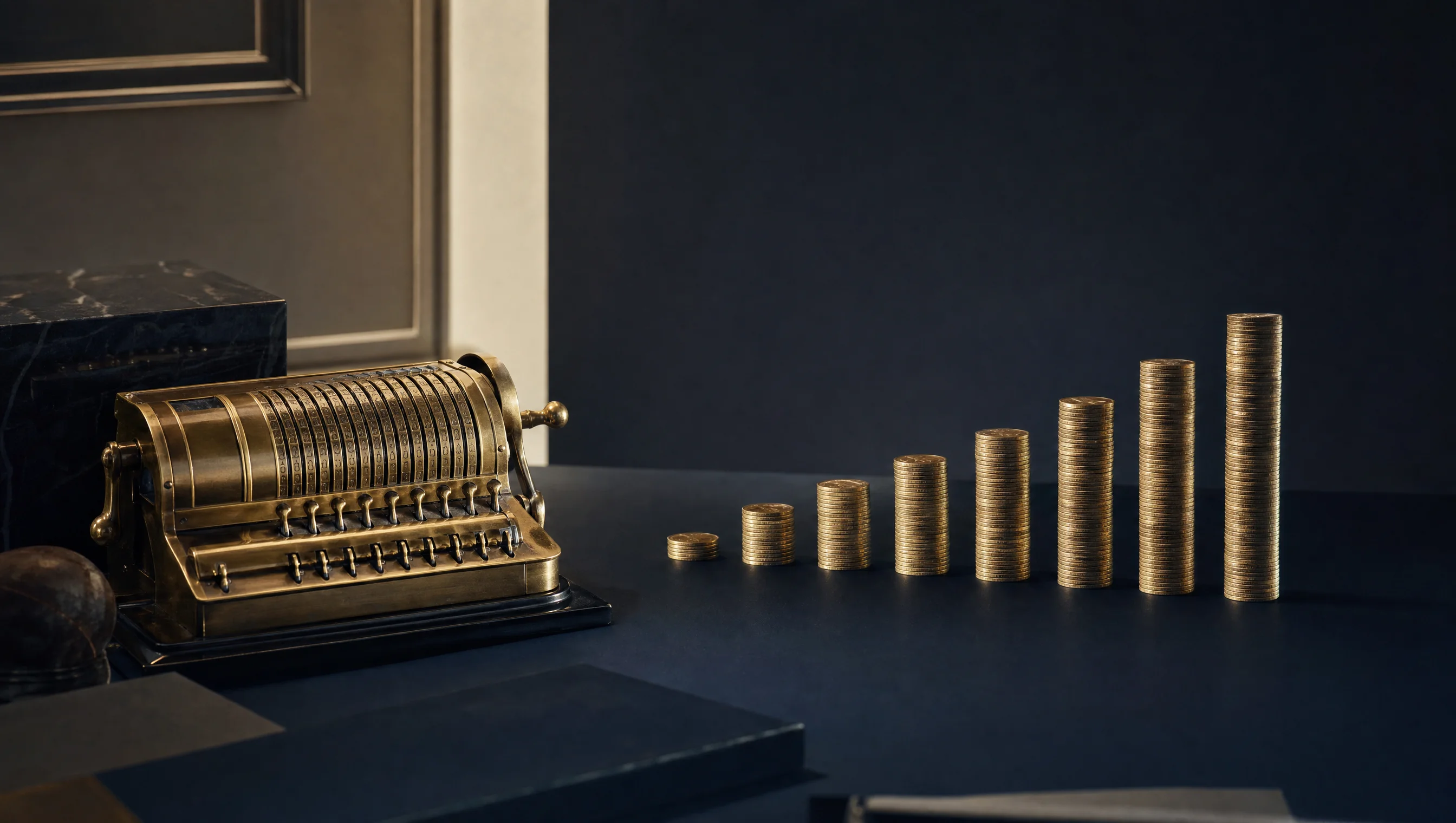 Calculadora mecánica de latón junto a columnas de monedas ordenadas por altura sobre un escritorio navy