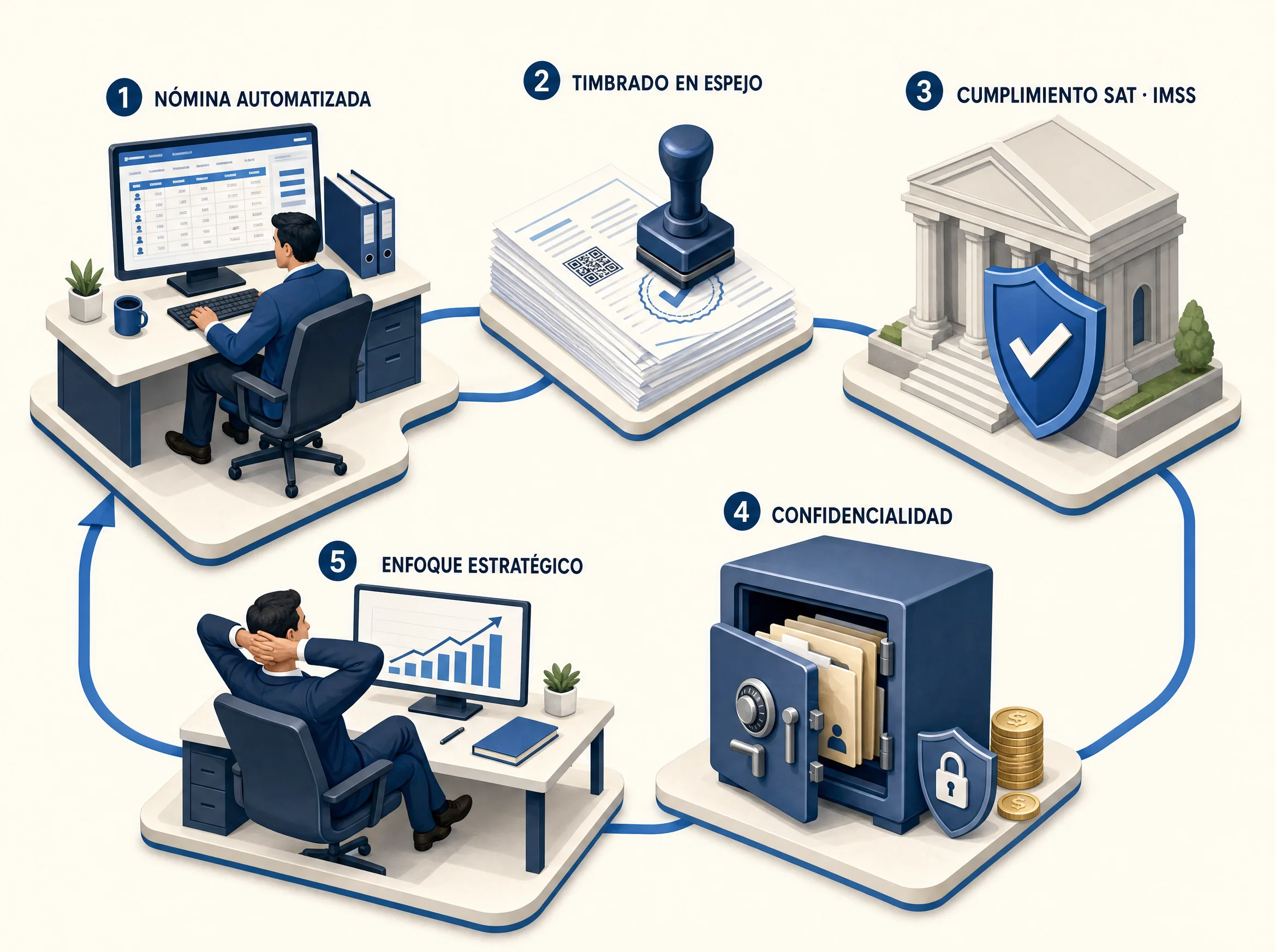 Ilustración isométrica del blindaje de nómina: cálculo automatizado, timbrado, cumplimiento SAT e IMSS, confidencialidad y enfoque estratégico