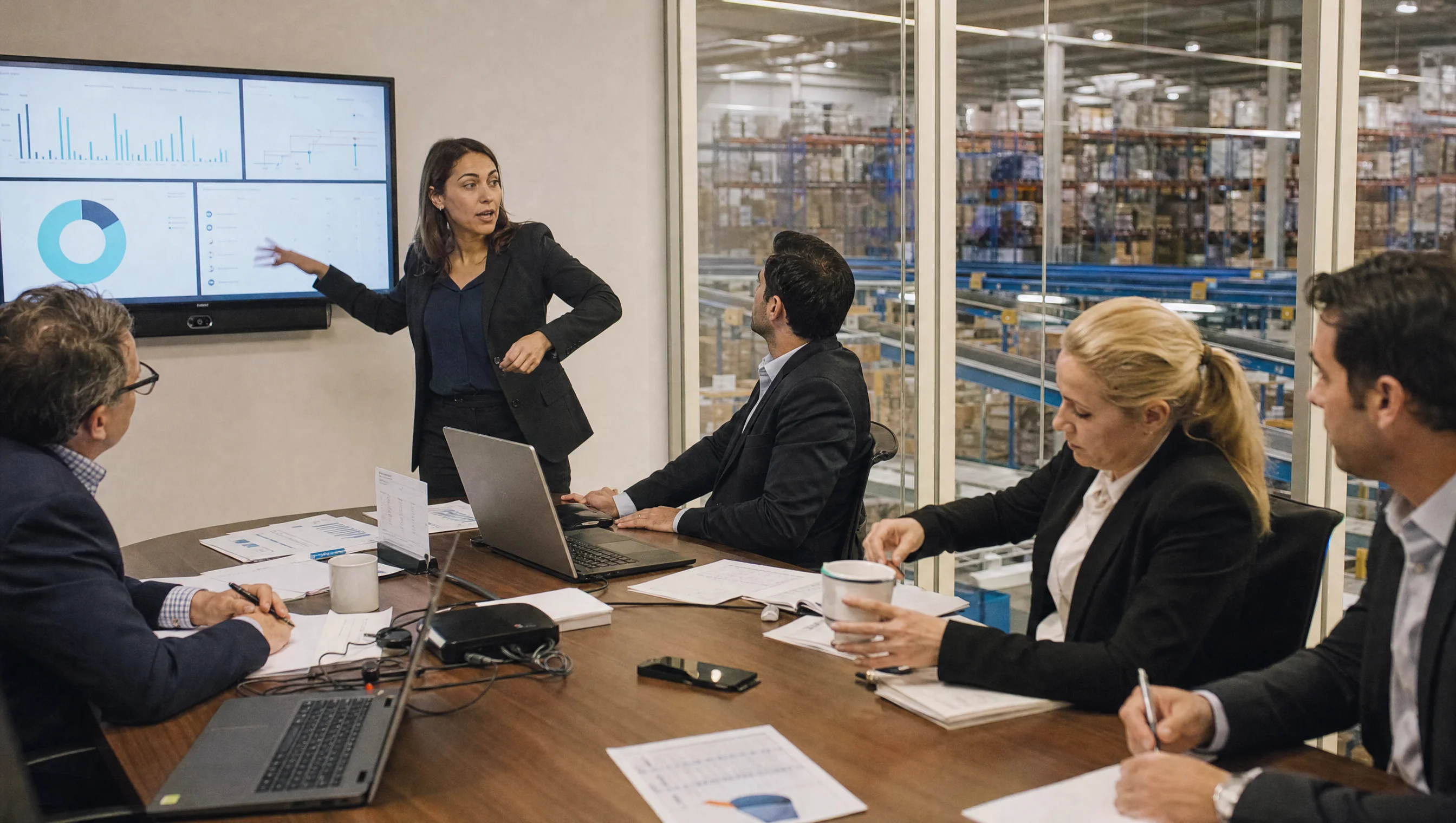 Equipo de consultores en una sala de juntas con vista al piso de un almacén logístico