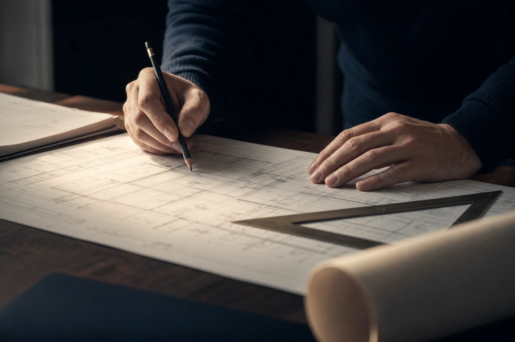 Manos apoyadas sobre planos técnicos de arquitectura y una escuadra, sobre una mesa de madera oscura