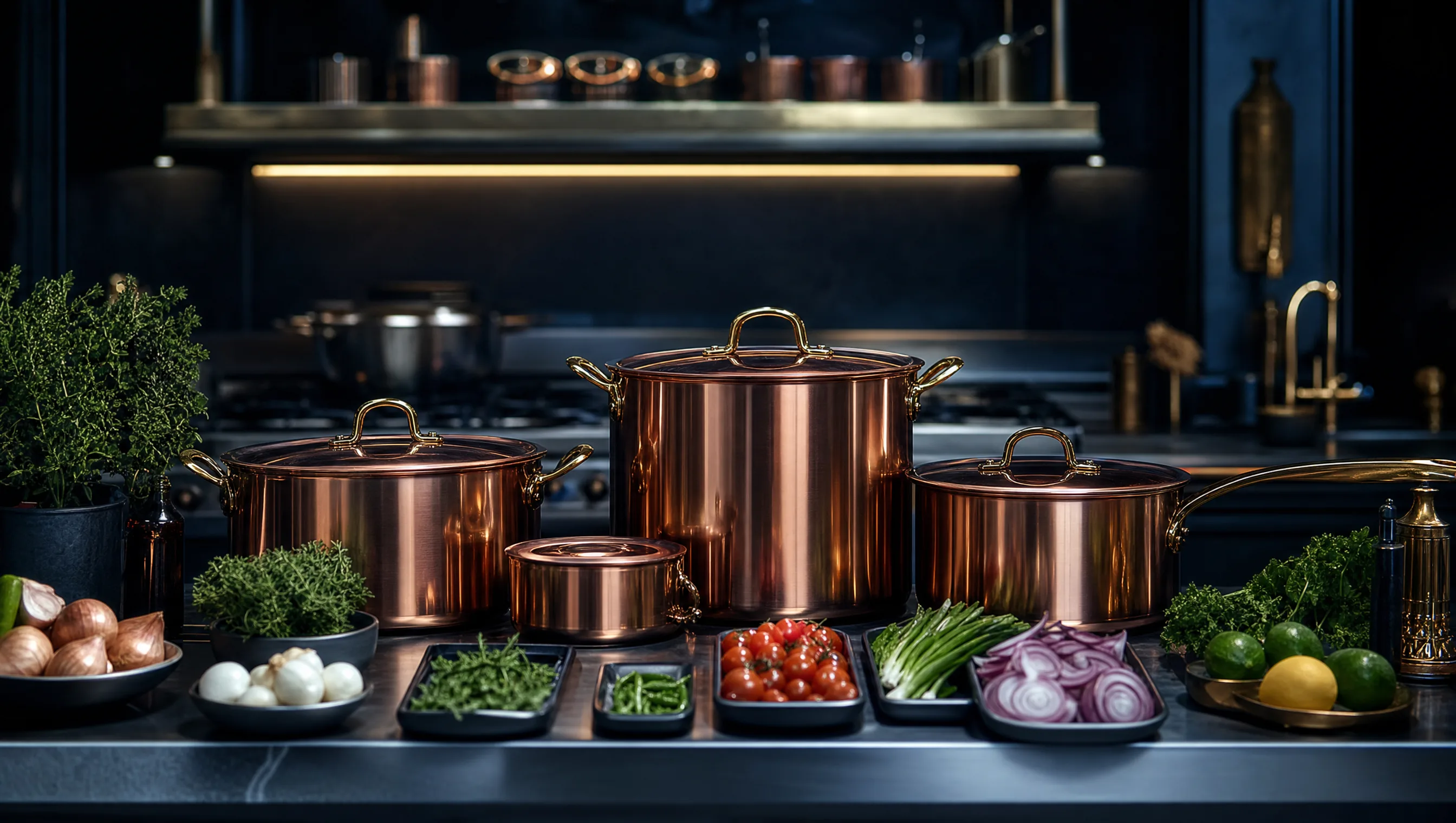 Ollas de cobre y mise en place de ingredientes frescos sobre acero inoxidable en una cocina profesional