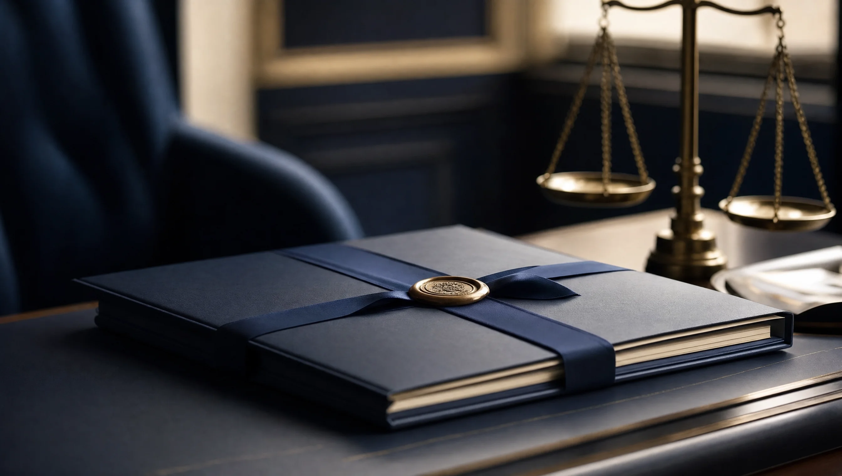 Carpeta de contratos atada con listón y sello de cera, con una balanza de la justicia desenfocada al fondo