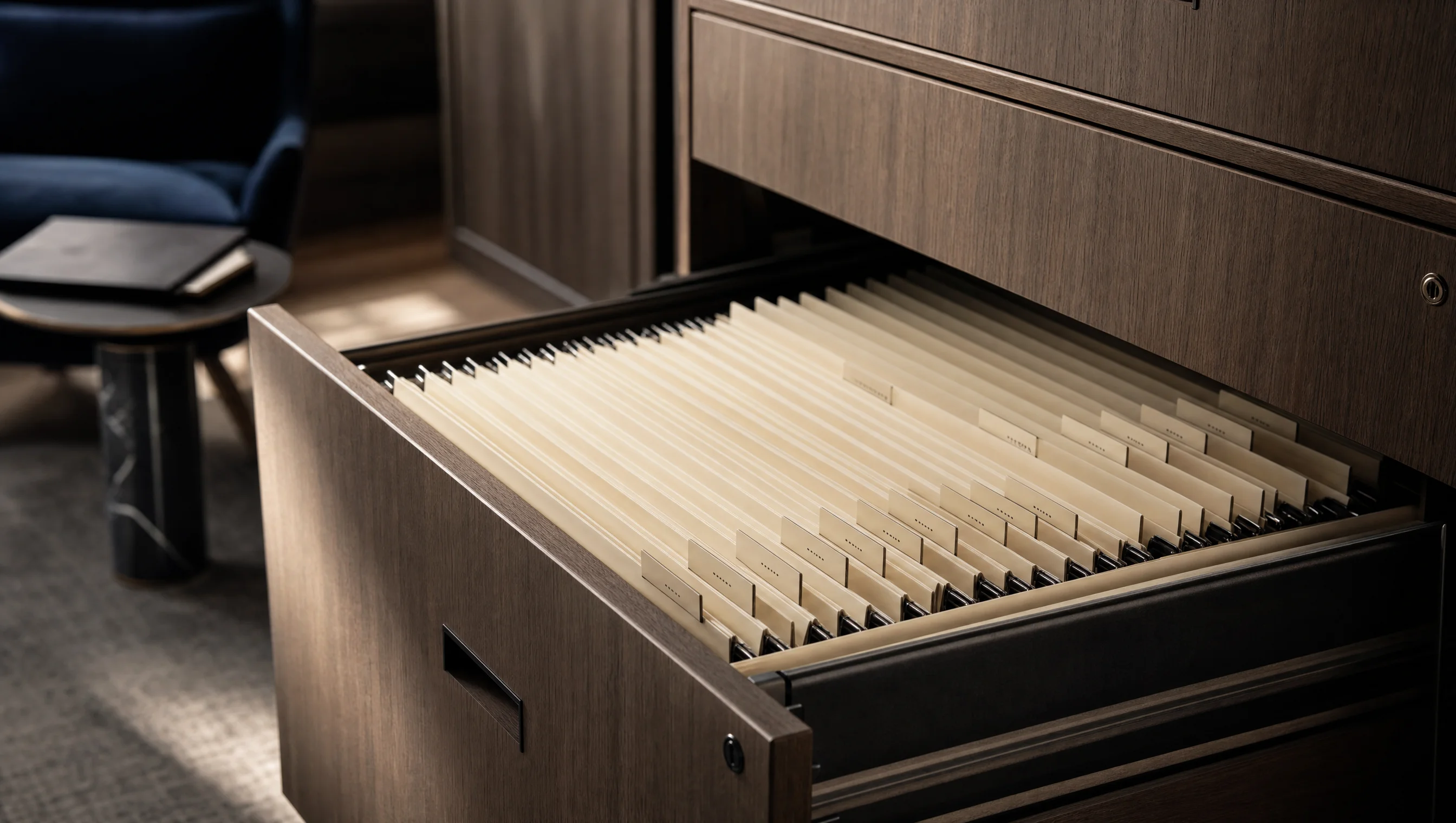 Cajón de archivero de madera abierto con expedientes color crema etiquetados en orden milimétrico