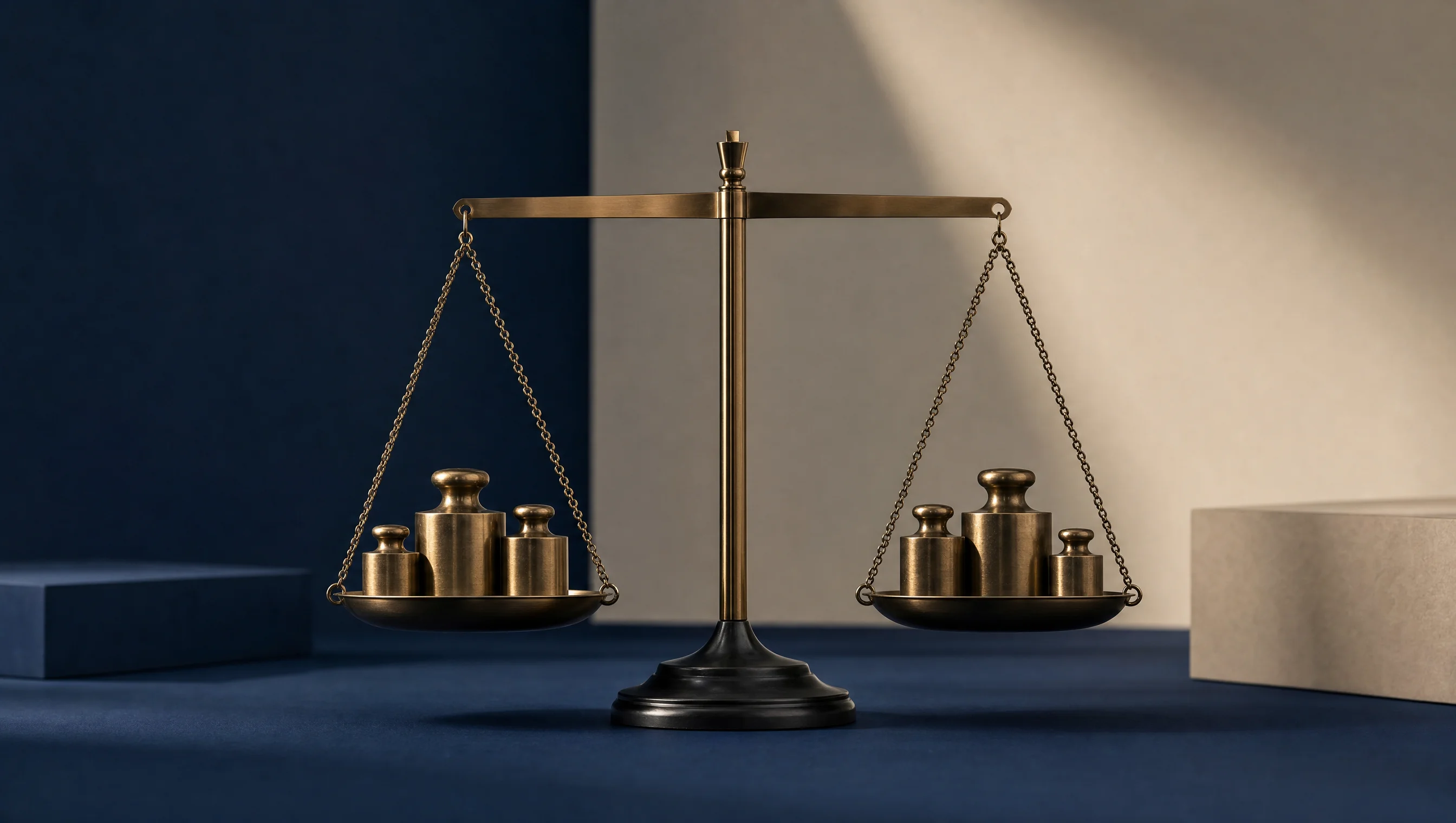 Balanza de precisión en equilibrio perfecto con pesas de latón calibradas sobre una superficie navy