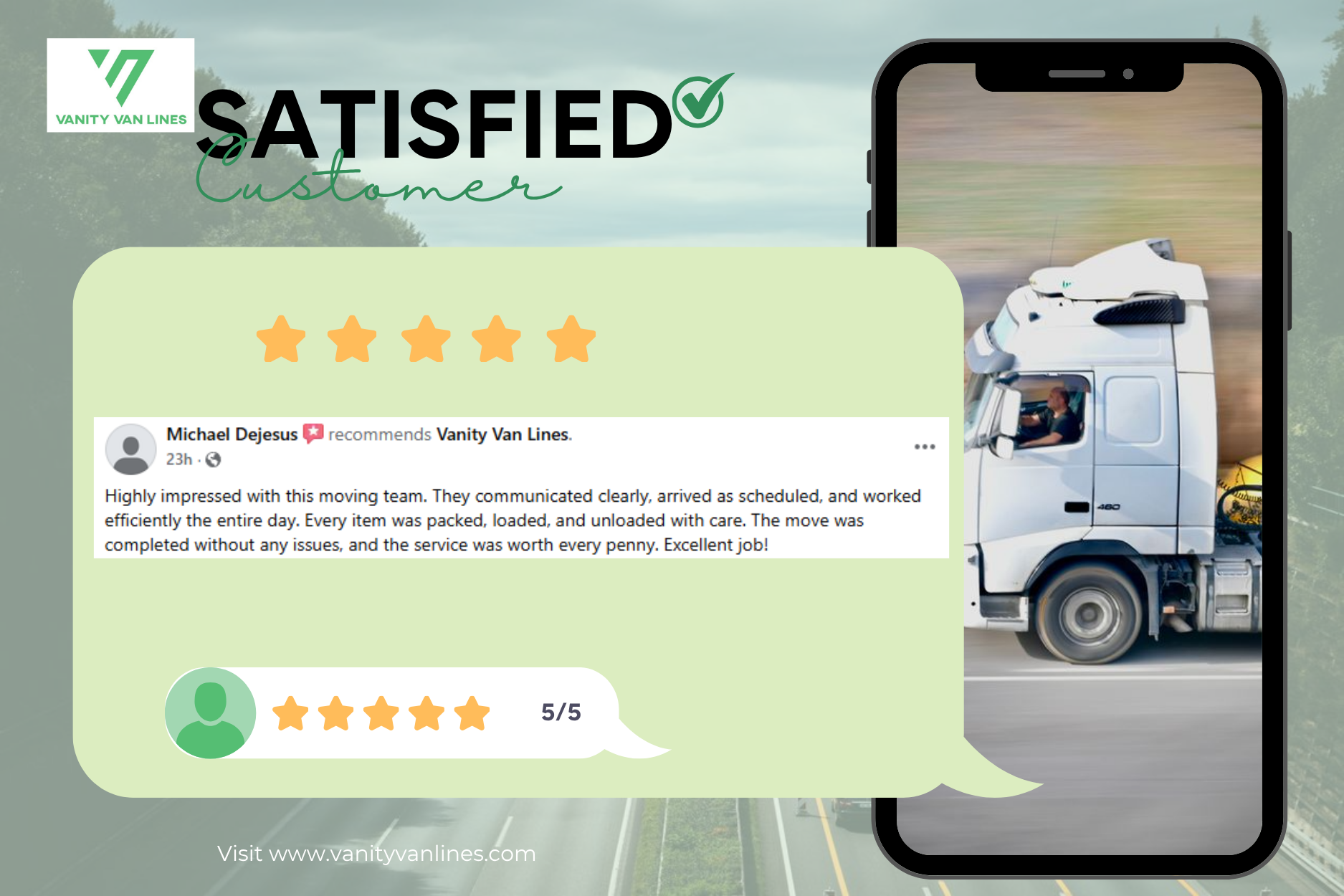 Customer testimonial screenshot showing detailed moving experience review with high satisfaction rating
