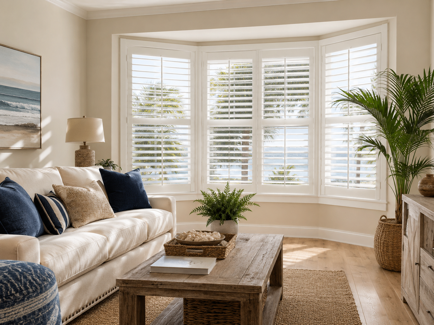 White interior plantation shutters in a bay window living room