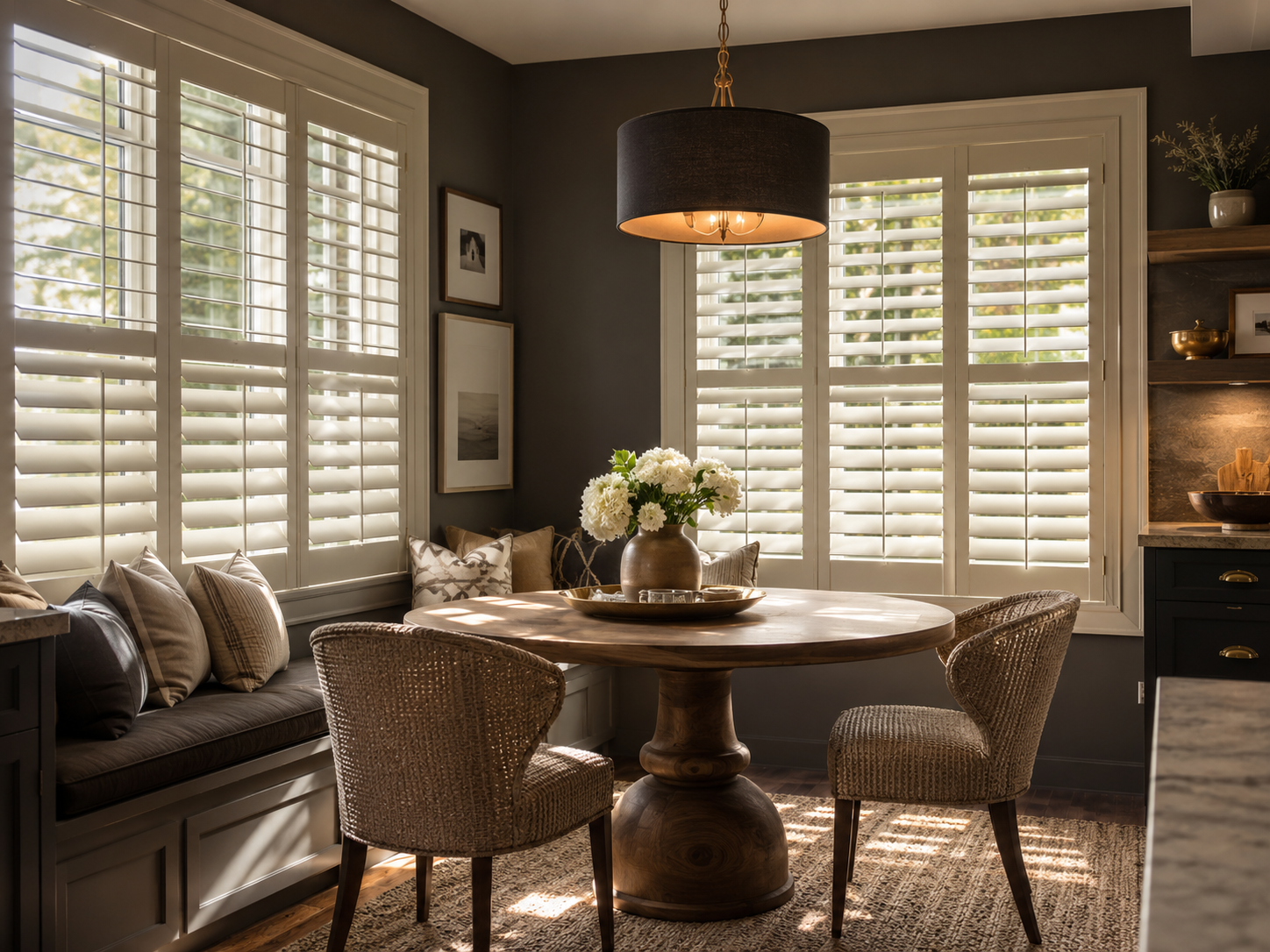 Interior plantation shutters mounted inside a window frame in a dining room