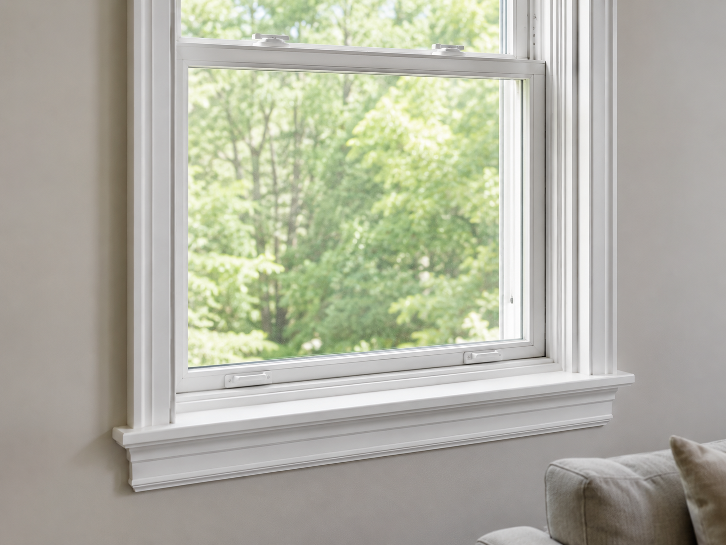 Close-up window frame and sill photo for custom shutter installation review