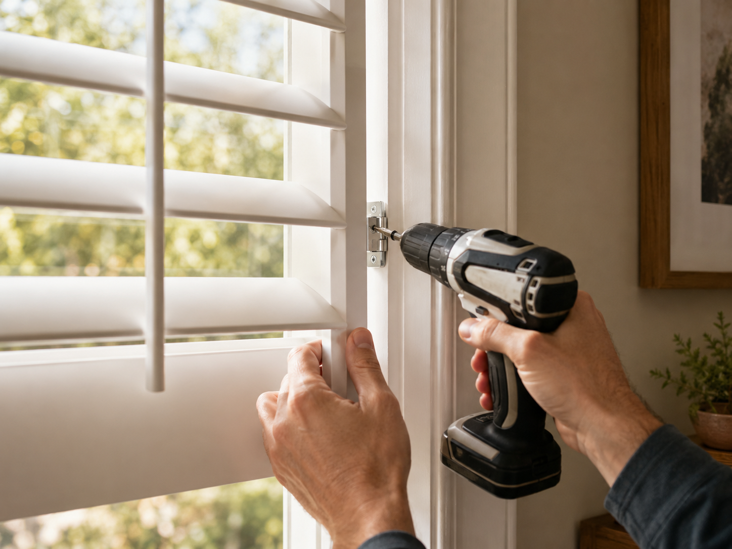 Installing hardware for a white interior plantation shutter frame