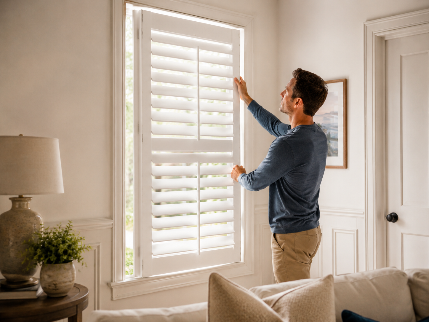 Homeowner positioning a white interior plantation shutter inside the window frame