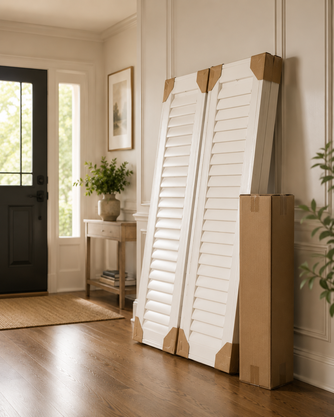 Finished white interior plantation shutter panels delivered ready to install