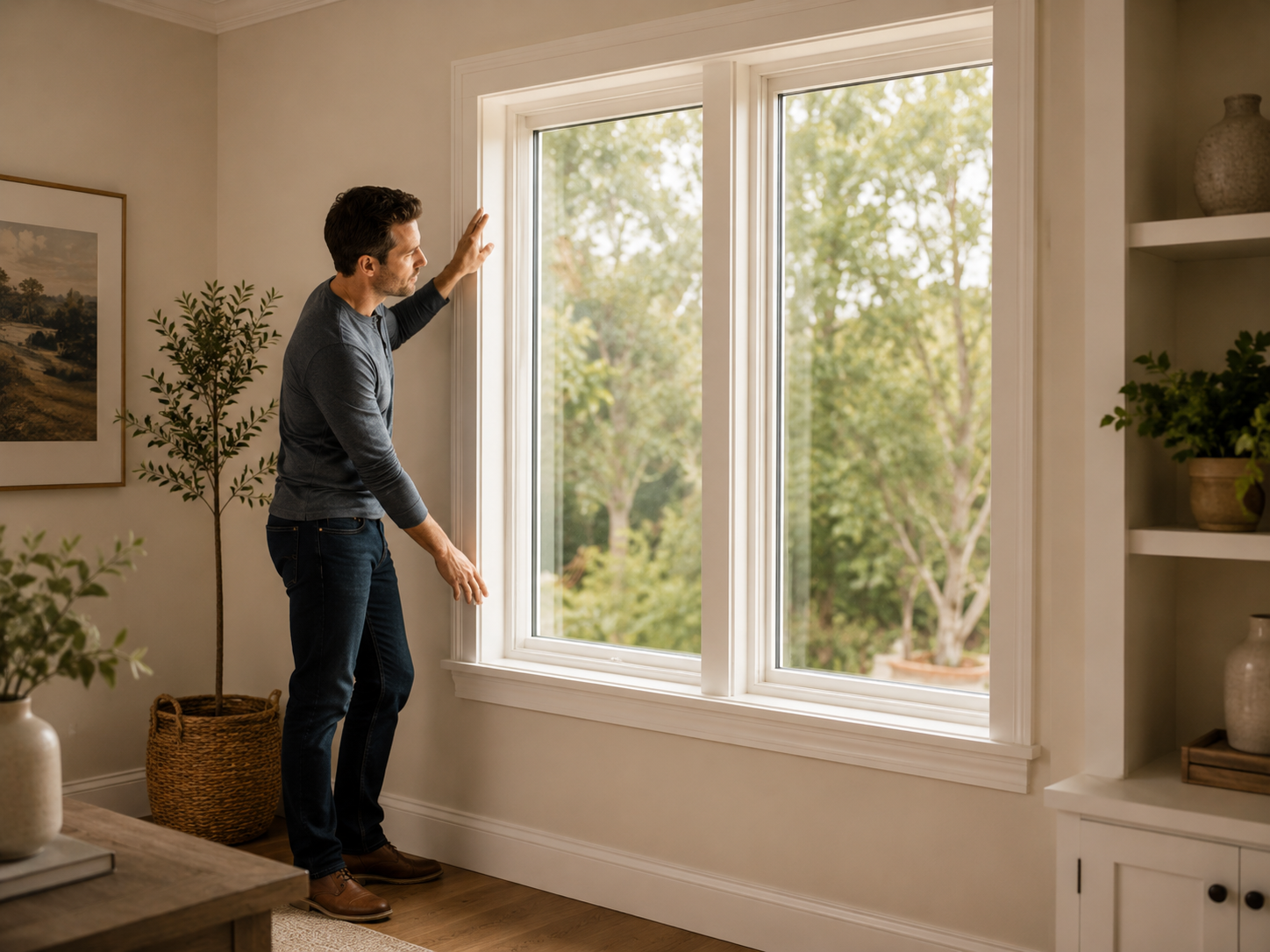 Homeowner checking window trim and sill before installing custom interior shutters