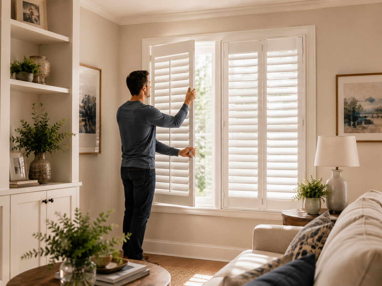 Homeowner checking the fit and operation of installed interior plantation shutters