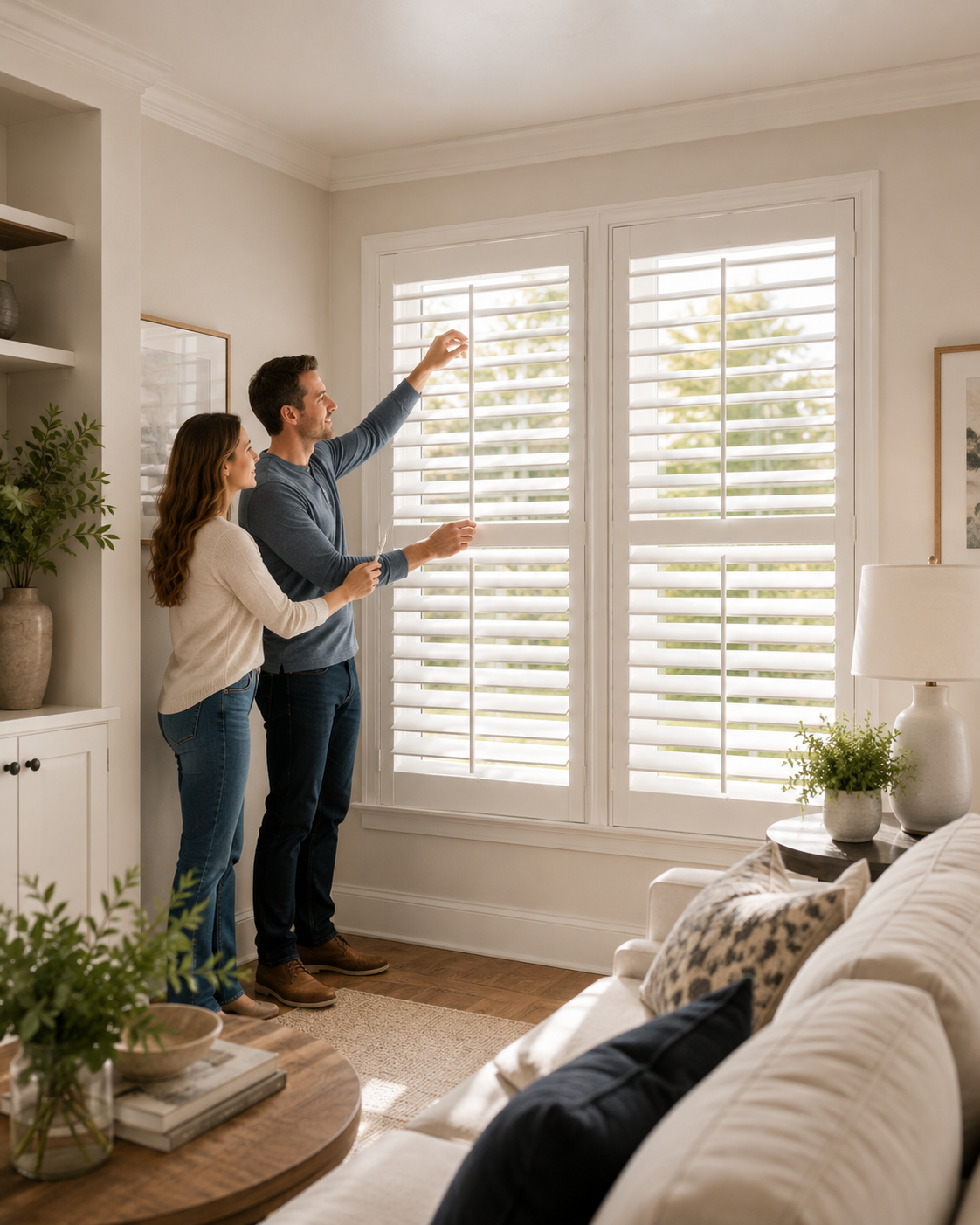 Custom white interior plantation shutters fitted to living room windows