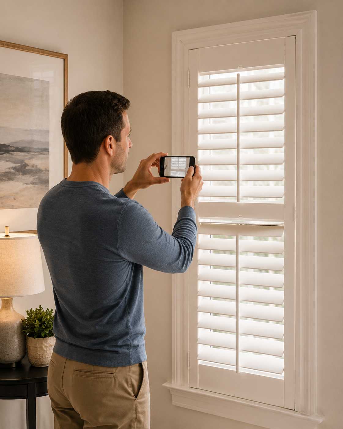 Homeowner photographing interior shutters for installation support