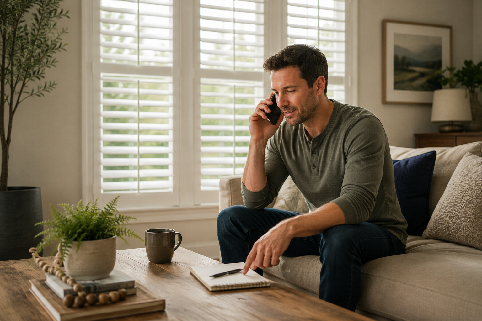 Man talking on the phone next to installed interior plantation shutters in a living room