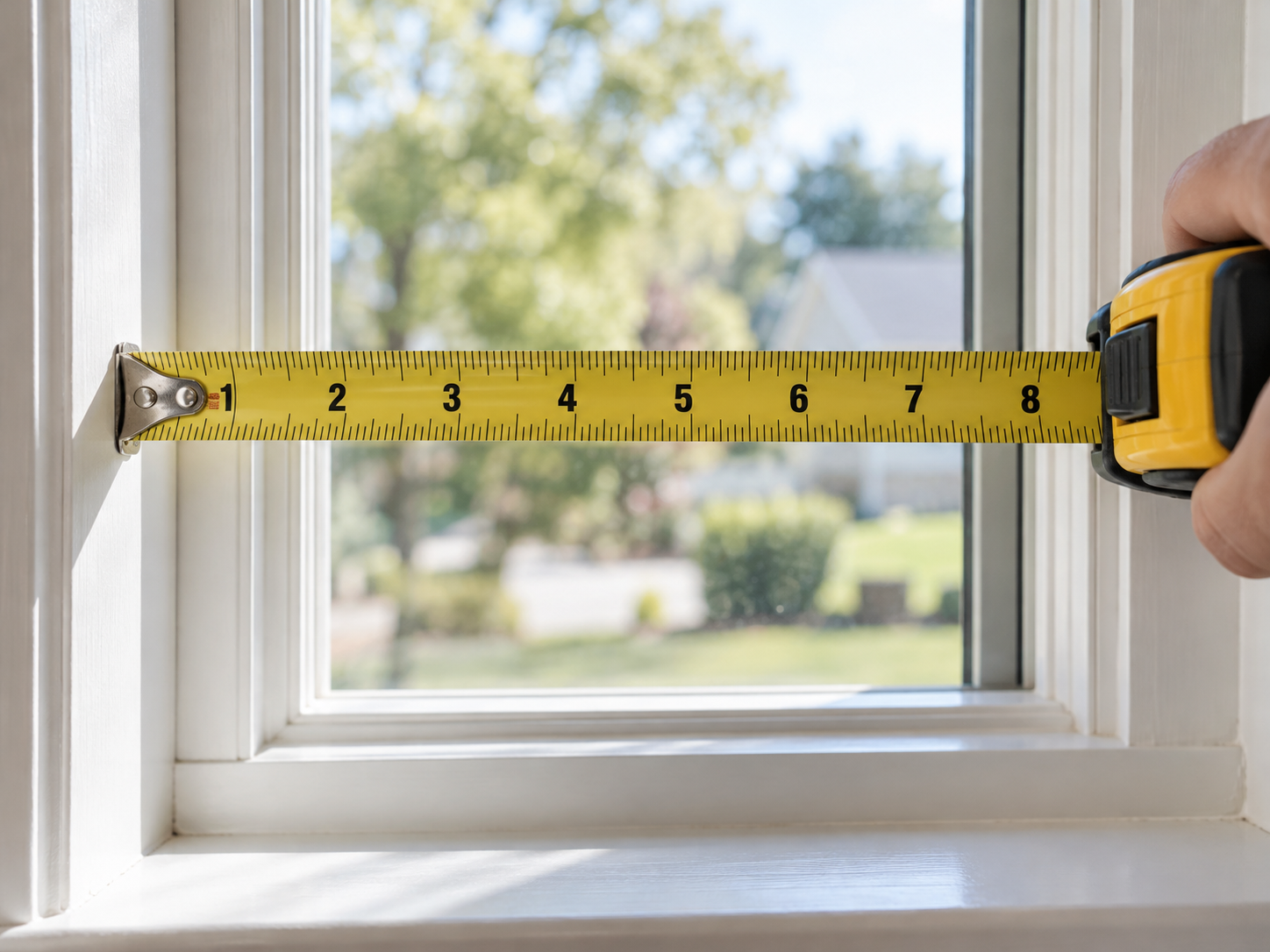 Close-up of a metal tape measure stretched horizontally across a window opening, the blade and markings sharp and in focus, window glass softly blurred behind it. Clean white window trim, natural morning light, realistic DIY home-improvement photography, no text, no logos on the tape. Close-up of a metal tape measure stretched horizontally across a window opening, the blade and markings sharp and in focus, window glass softly blurred behind it. Clean white window trim, natural morning light, realistic DIY home-improvement photography, no text, no logos on the tape.