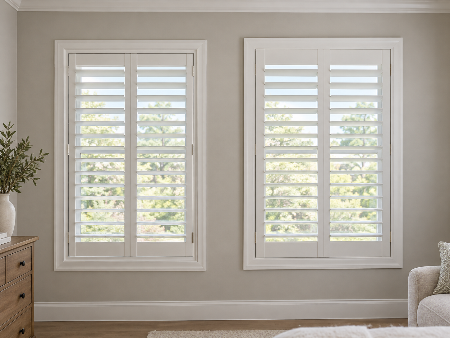 Side-by-side view of two identical windows in a light greige room. The left window has white plantation shutters fitted neatly inside the window opening. The right window has white plantation shutters with a frame mounted on the wall around the opening. Straight-on angle, even lighting, clean and simple, realistic interior photography, no text. Side-by-side view of two identical windows in a light greige room. The left window has white plantation shutters fitted neatly inside the window opening. The right window has white plantation shutters with a frame mounted on the wall around the opening. Straight-on angle, even lighting, clean and simple, realistic interior photography, no text.